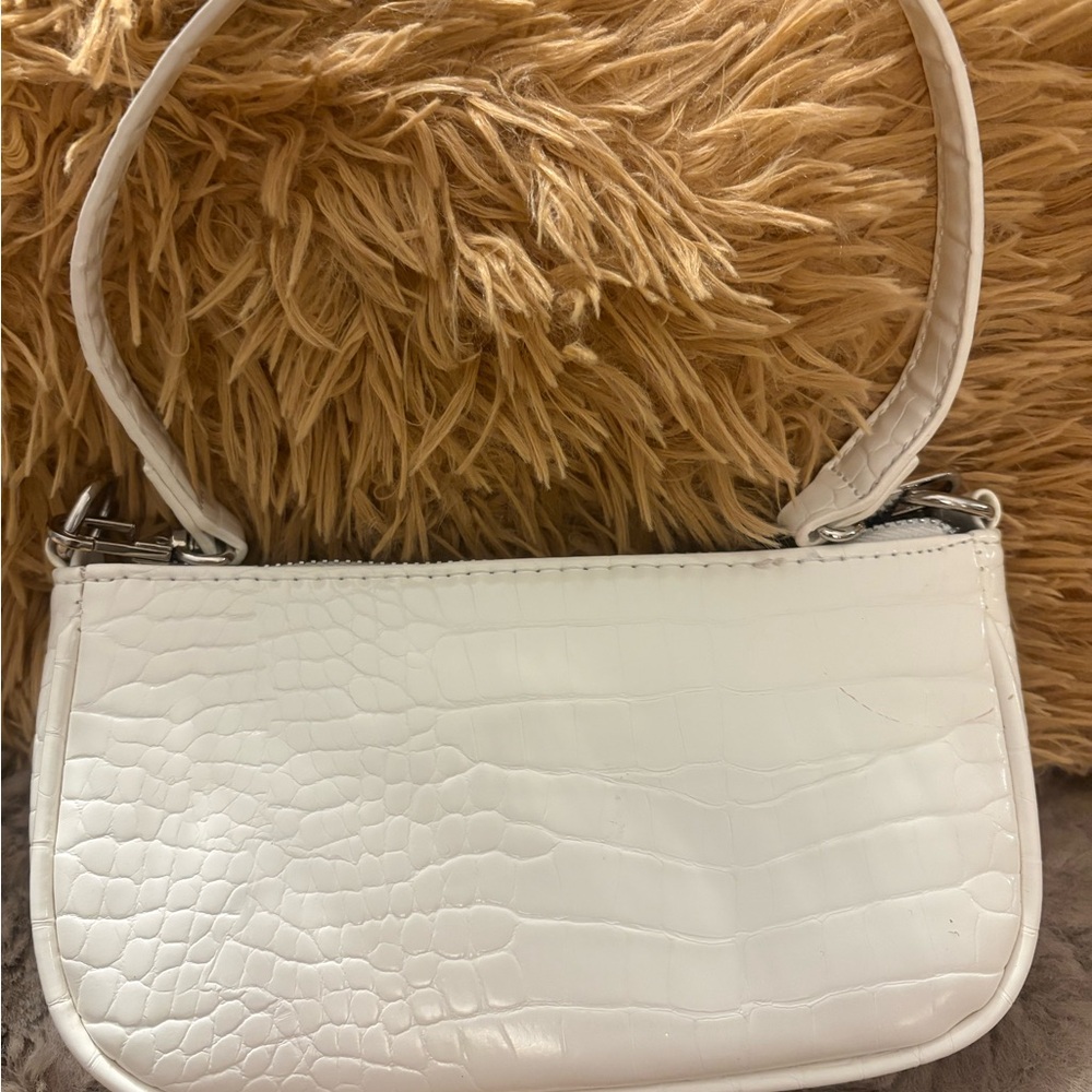 White Croc-Embossed Shoulder Bag
